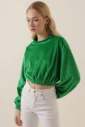 55392 Kadife Crop Bluz - Yeşil resmi